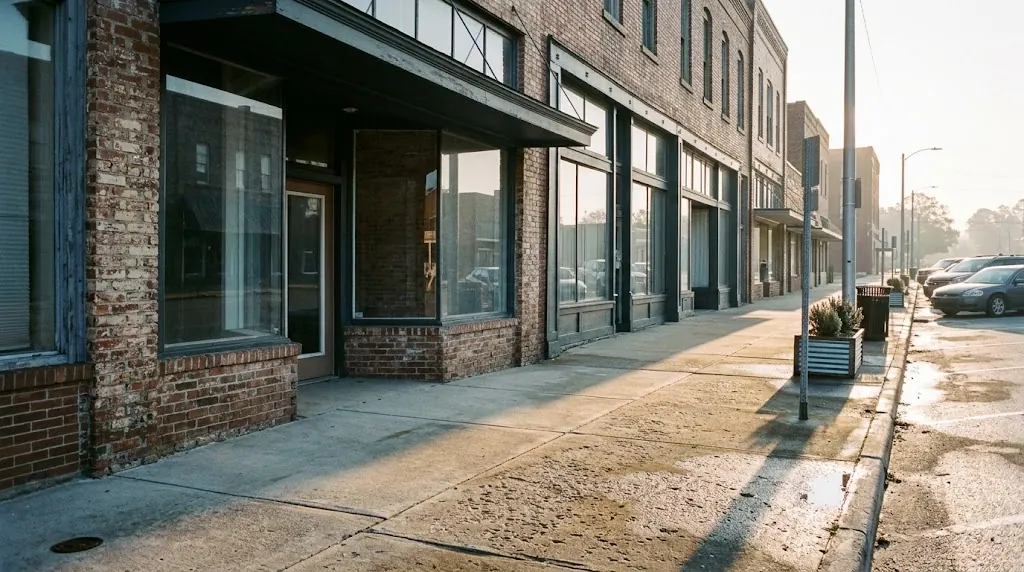 Early-morning sidewalk in front of brick storefronts