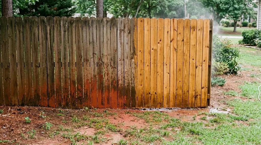 Red clay stains on a wood fence, half pressure washed