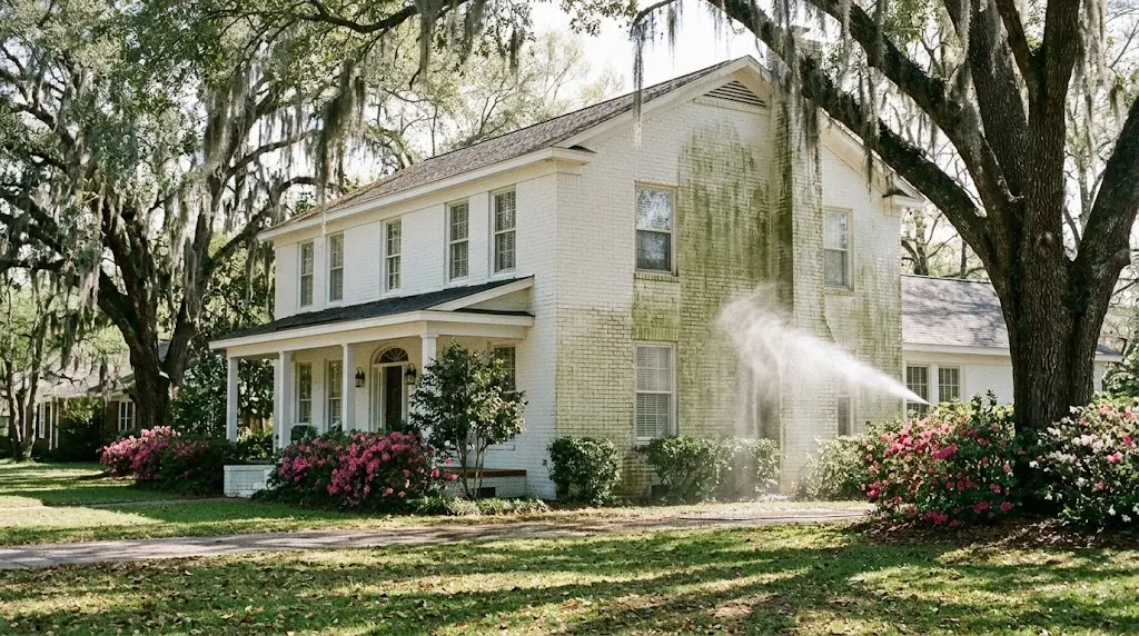 Soft washing mildew off a painted brick home in Dothan, Alabama